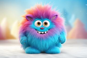 Cute multicolored furry monster 3D cartoon character.