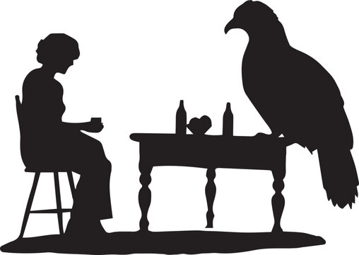 A Girl with a big bird on a table isolated on white silhouette vector illustration