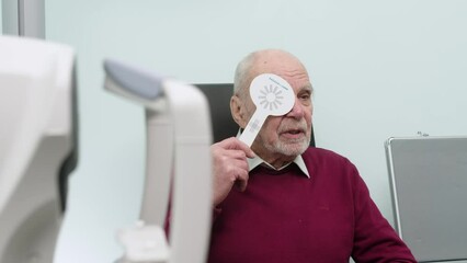Vision test, diagnostics-consultation for a pensioner, client or patient during a vision test. Ophthalmologist care, optometry services and eye exams. Concept of reviews, advertising of services.