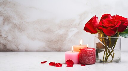 Valentine day banner with realistic candles, flowers and hearts, romantic horizontal background...