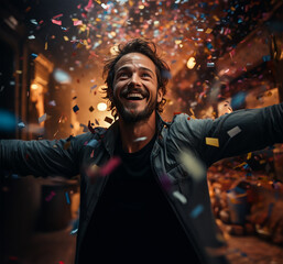 a happy man with open arms, surrounded by a shower of colorful confetti