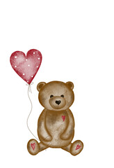 Watercolor drawing of a cute bear with a love heart ballon. Valentine's day card template with cute teddy bear. Holiday card for loved ones