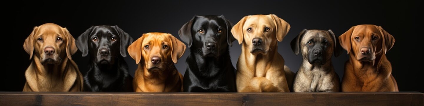 Group of Eight Labrador Retrievers Sitting on Wooden Platform