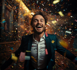 Fototapeta na wymiar a happy man with open arms, surrounded by a shower of colorful confetti