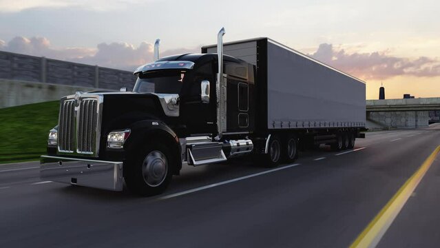 American style truck on freeway pulling load. Transportation theme. 4k 3D illustration