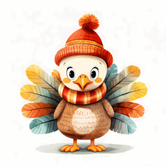 Turkey in a hat and scarf for Thanksgiving.  Generative AI 