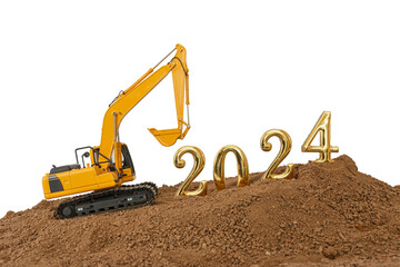 Concept Happy new year 2024,With crawler excavator in construction site .on  isolated a white...