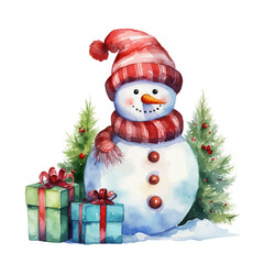 snowman with christmas giftbox watercolor vector illustration