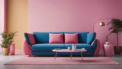 Fototapeta na wymiar Blue sofa and round pink coffee table against multicolored stucco wall with copy space. Colorful