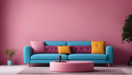 Blue sofa and round pink coffee table against multicolored stucco wall with copy space. Colorful