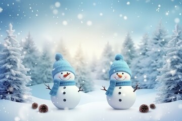 Winter background with snowmen in a Christmas landscape