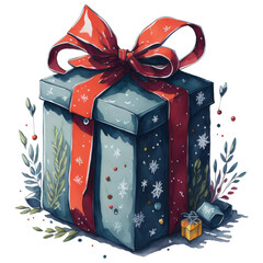 Watercolor Christmas Gift with Red Bow