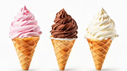 Foto auf Alu-Dibond 3 Ice cream scoop on a waffle cone on a white background cutout. Many assorted different flavor Mockup templates for artwork design. Ai Generative © AI Stocks
