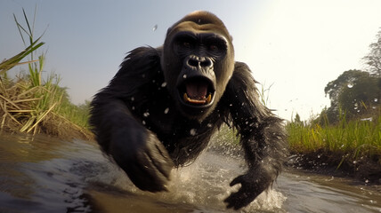 A gorilla in motion, captured mid-stride as it moves gracefully through its natural habitat. AI Generative.