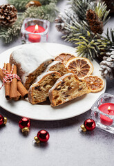 Christmas stollen with winter holidays decoration.