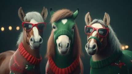 Cute Horse Family wearing red ugly Christmas sweater Portrait, glasses, fluffy fur, xmas, Equine, adorable smart cat, christmas card, purebred domestic animal, xmaspunk, green background wallpaper - obrazy, fototapety, plakaty