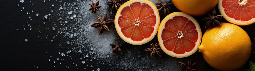 Vibrant Grapefruits with Star Anise and Sea Salt on Dark Table
