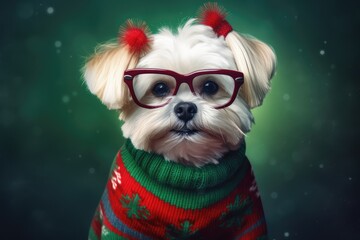 Cute Dog wearing red ugly Christmas sweater Portrait, glasses, white fur, xmas pet, chihuahua puppy, adorable winter dog, christmas card, purebred domestic animal, xmaspunk, green background wallpaper