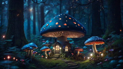 Magical mushrooms home in a dark mystery forest. Ai generative - obrazy, fototapety, plakaty