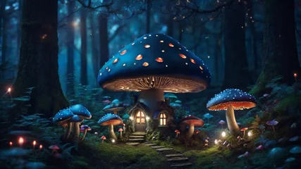 Store enrouleur occultant Forêt des fées Magical mushrooms home in a dark mystery forest. Ai generative