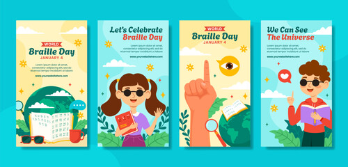 Braille Day Social Media Stories Flat Cartoon Hand Drawn Templates Background Illustration