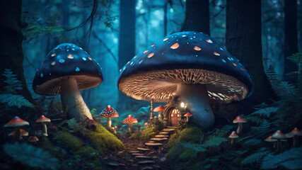Magical mushrooms home in a dark mystery forest. Ai generative