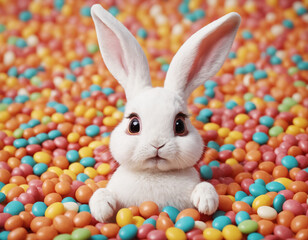 Fototapeta na wymiar cute cartoon white rabbit with big eyes looks straight and smiles sweetly. Background made of different colored candies