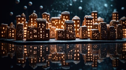 Gingerbread house Christmas Hut on wood table with xmas winter fairy lights frosting icing deco, bokeh macro, captivating, baked homemade cookie cottage, Brown sweet candy home with white sugar snow