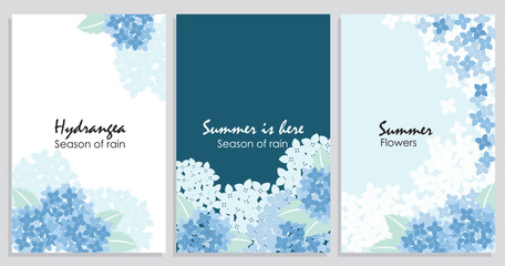 Hydrangea card invitation set with blue floral watercolor frame. Vector banners set with hydrangea flowers. - obrazy, fototapety, plakaty