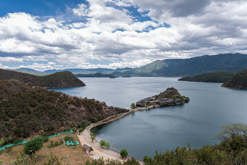 Aerial photography of islands in the center of Lugu Lake