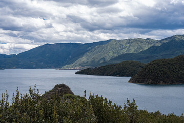 Aerial photography of islands in the center of Lugu Lake