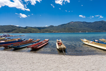 Piggery boats docked on Lugu Lake