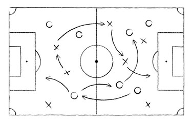 Soccer strategy field, football game tactic drawing on chalkboard. Hand drawn soccer game scheme, learning diagram with arrows and players on board, sport plan outline vector illustration