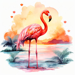 Watercolor Flamingo Beach Sunset isolated on white background