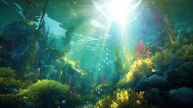 A Serene 3D Illustration of a Sunlit Kelp Forest and its Inhabitants – Loop Video