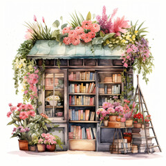 Fototapeta na wymiar Watercolor Floral Bookstore isolated on white background