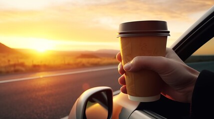 men hand with a paper coffee cup stretched out of the window of a car driving in nature, on sunset