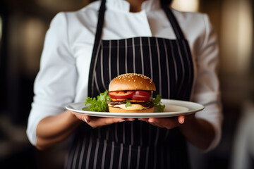 Close up of waitress hands carrying plate with burger