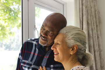 Happy diverse senior couple embracing and looking out window at sunny home
