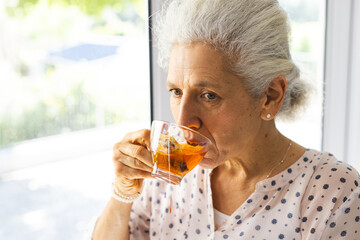 Caucasian senior woman drinking tea in window at sunny home