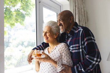 Happy diverse senior couple drinking tea, embracing and looking out window at sunny home