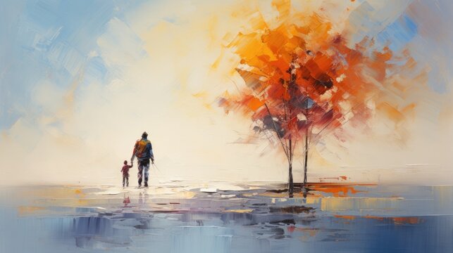 Watercolor painting of Father and daughter holding hands with the child's hand.