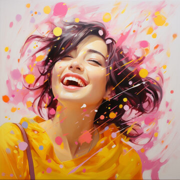 A joyful girl with a radiant smile surrounded by colorful confetti dots.