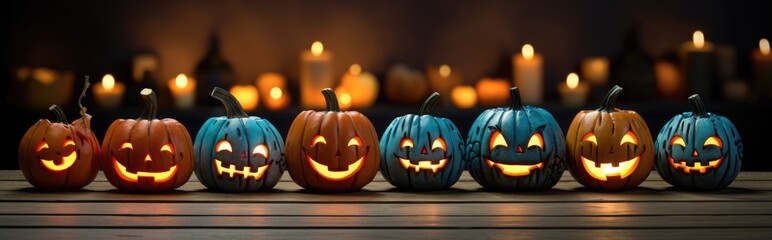 Halloween concept: spooky collection of jack o' lantern pumpkins. Presented in a scary scene.