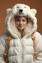Portrait of a young woman wearing a jacket in the shape of a polar bear
