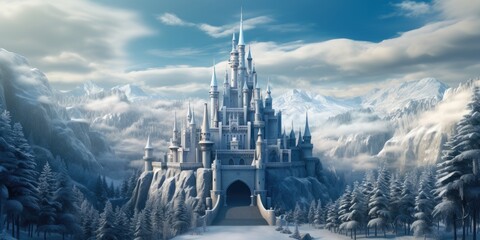 the enchantment of a fairy-tale winter scene, with a castle covered in snow and holiday enchantment - obrazy, fototapety, plakaty