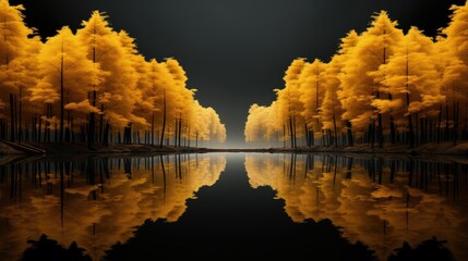 Golden trees reflected in lake on black sky background. Modern canvas art with golden yellow forest
