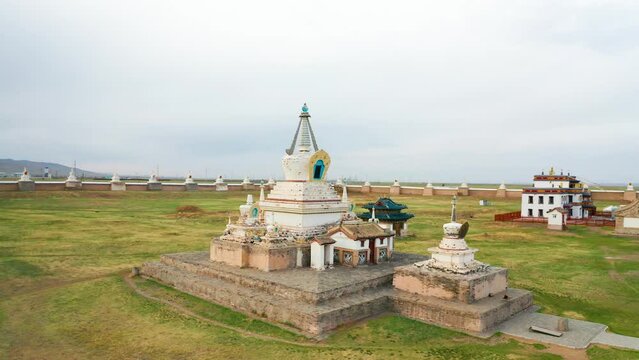 Aerial view of Buddhist stupa at the Erdene Zuu monastery. The monastery is affiliated with the Gelug sect of Tibetan Buddhism. &Ouml;v&ouml;rkhangai Province, Mongolia. May 03 2022.  