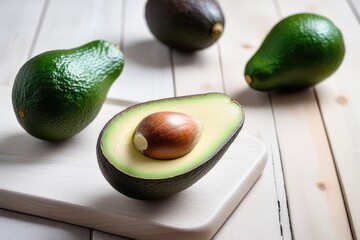 Avocado on a cutting board with a knife on a white wooden background