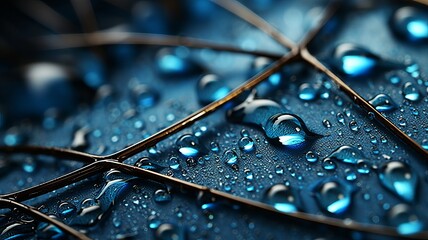CLOSEUP OF A WET LEAF WITH BLUE WATER DROPS